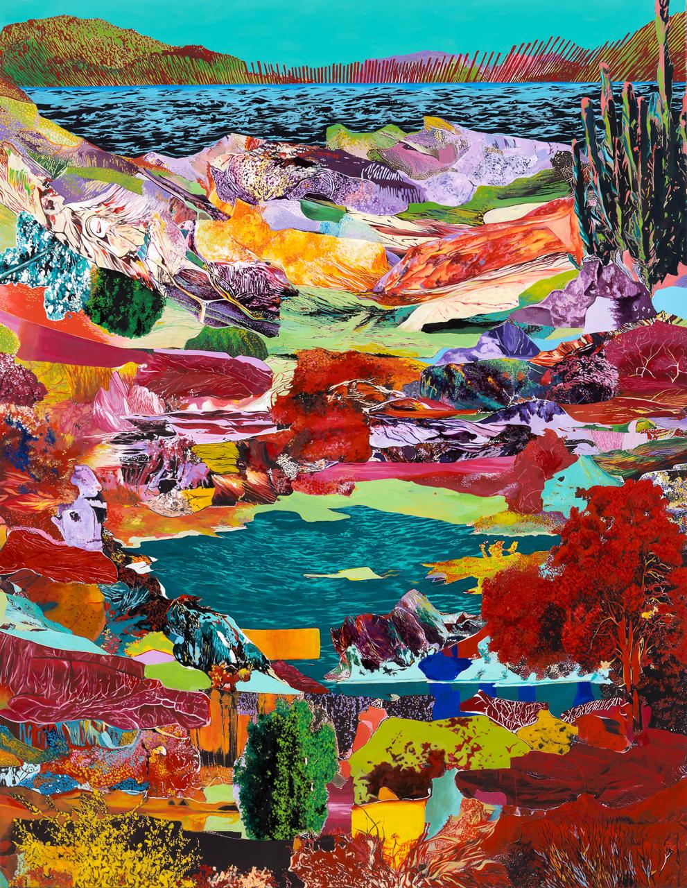 Jinjoon Lee, On Some Faraway Shore – Nine Reincarnations Series, 2025. Scanned collage and acrylic gouache on canvas,&nbsp;117&nbsp;×&nbsp;90.7&nbsp;cm.